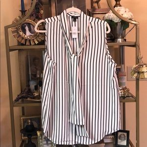 Ann Taylor Navy White Stripe Tie neck shell L